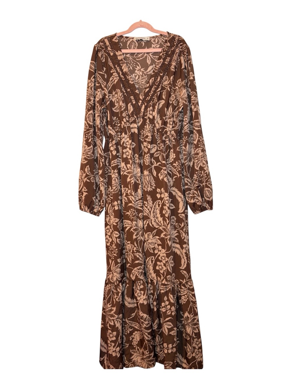Rusttydustyy Brown Floral Maxi Dress with V-Neck